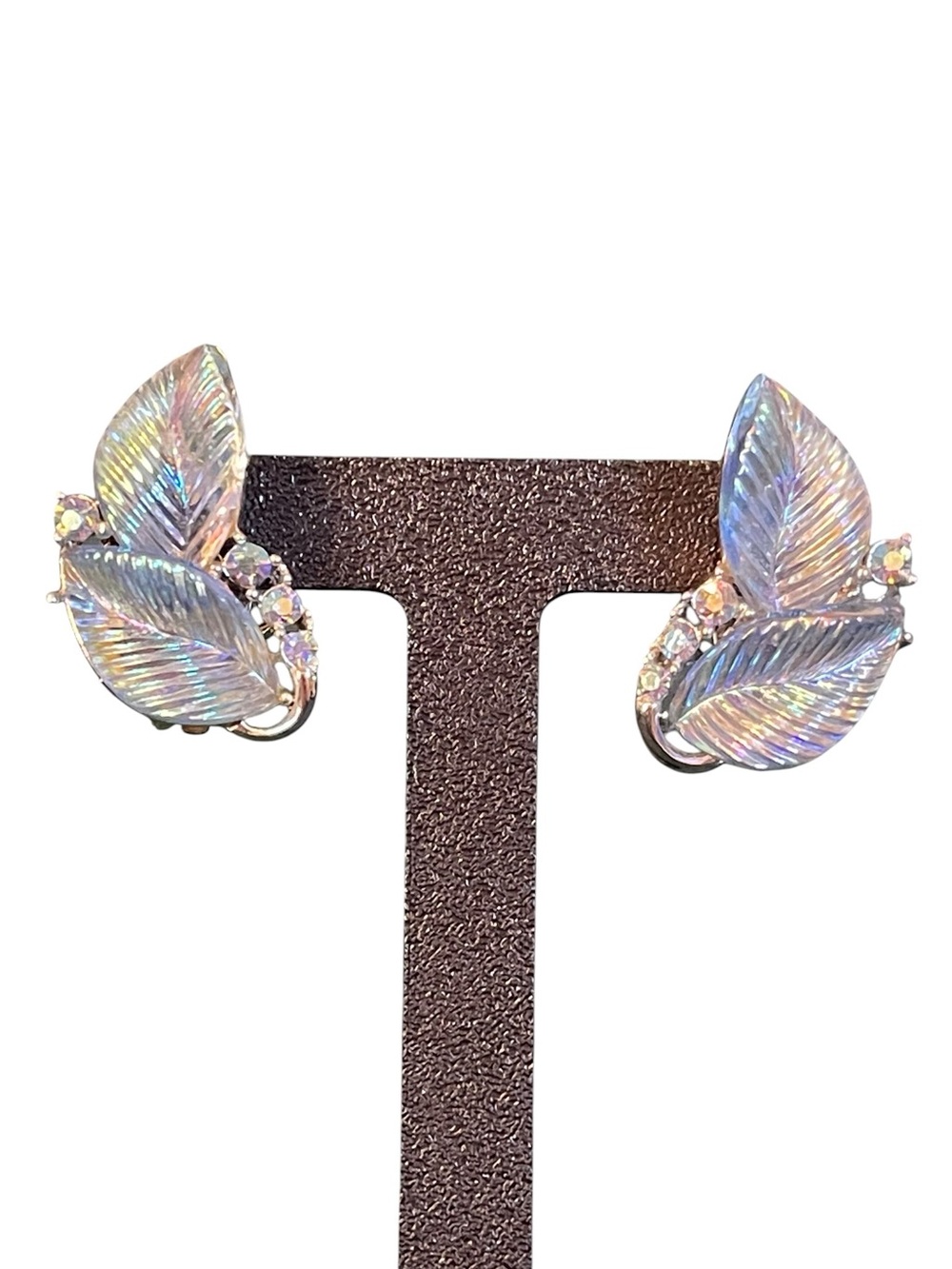 1950’s Lisner Iridescent Carved Lucite Blue Leaf AB Rhinestone Clip On Earrings